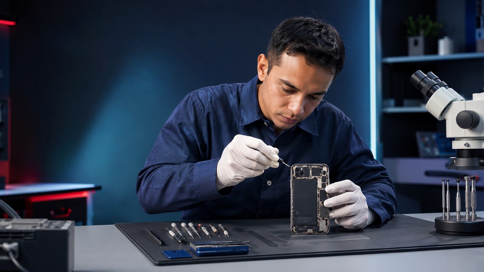 Técnico de Solotech realizando una reparación profesional de iPhone