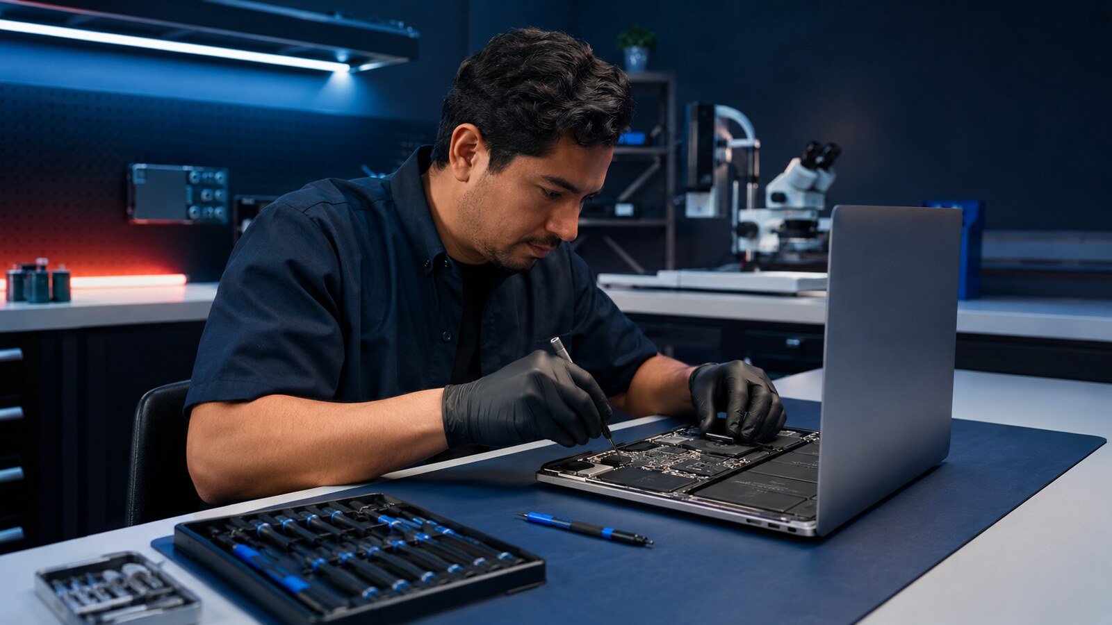 Técnico de Solotech diagnosticando y reparando un computador Mac